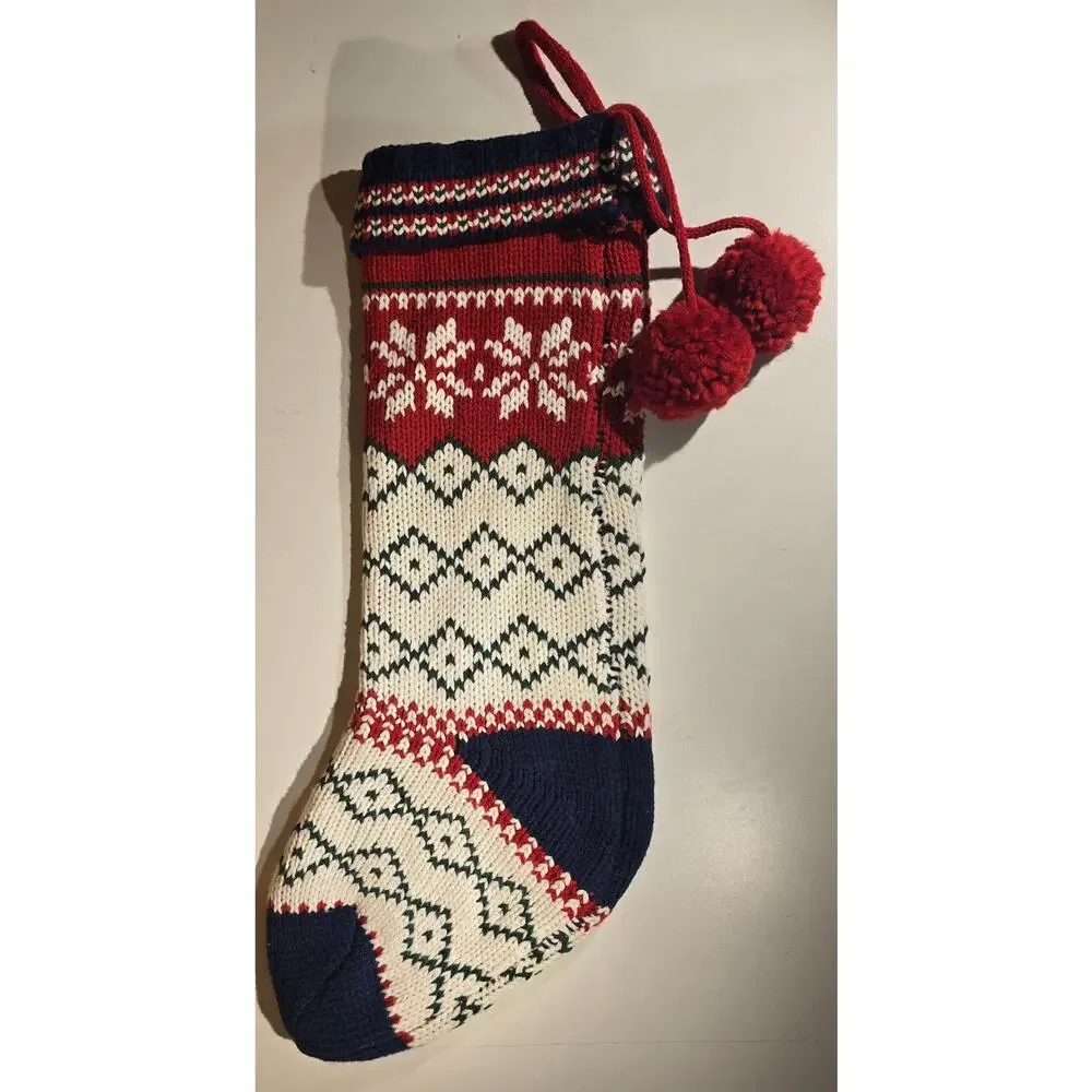 Wondershop Christmas Stocking Knit Fair Isle Pom Pom Red White Green 20 Inch